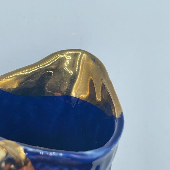 VTG Cobalt Blue Gold Accent Creamer Ripple Wavy Gift Decor 4" - Picture 9 of 9